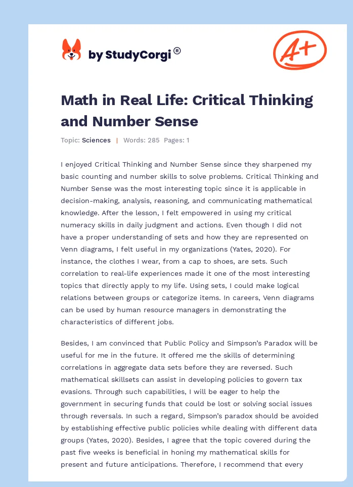 Math in Real Life: Critical Thinking and Number Sense. Page 1
