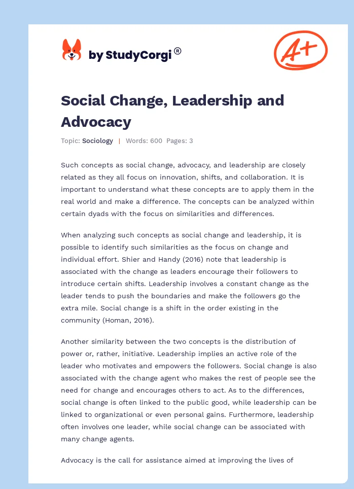 Social Change, Leadership and Advocacy. Page 1