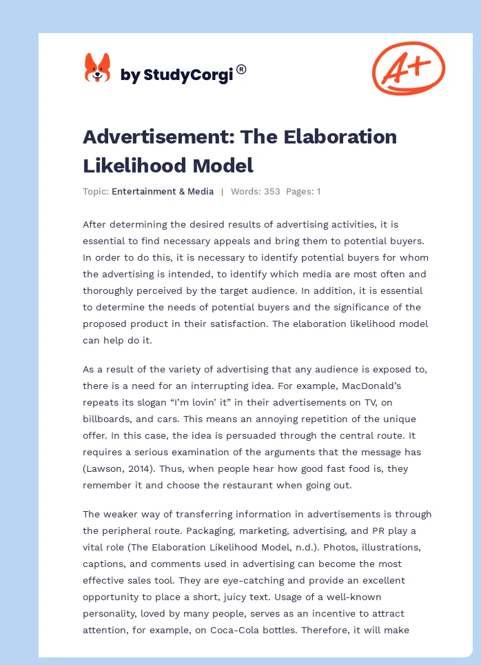 Advertisement: The Elaboration Likelihood Model. Page 1