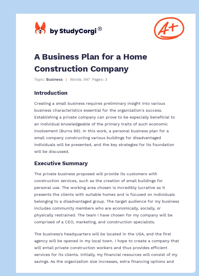A Business Plan for a Home Construction Company. Page 1
