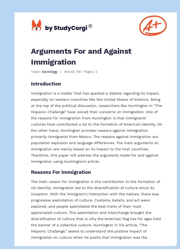 Arguments For and Against Immigration. Page 1