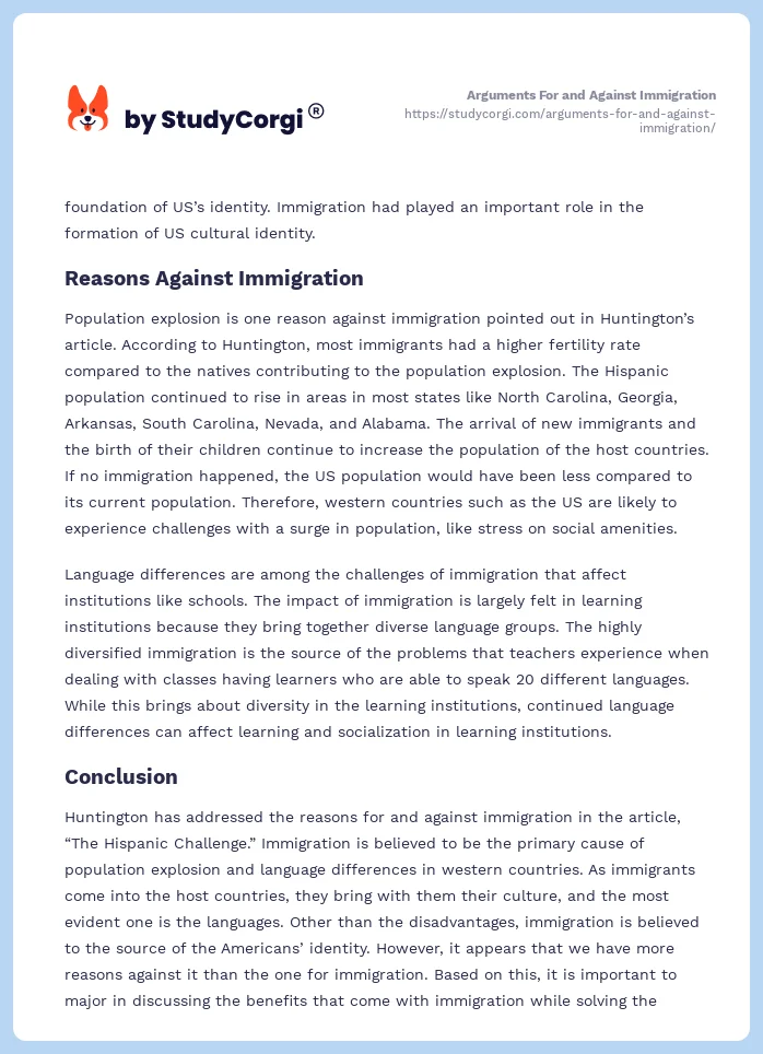 Arguments For and Against Immigration. Page 2