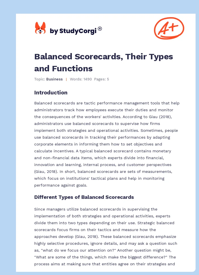 Balanced Scorecards, Their Types and Functions. Page 1