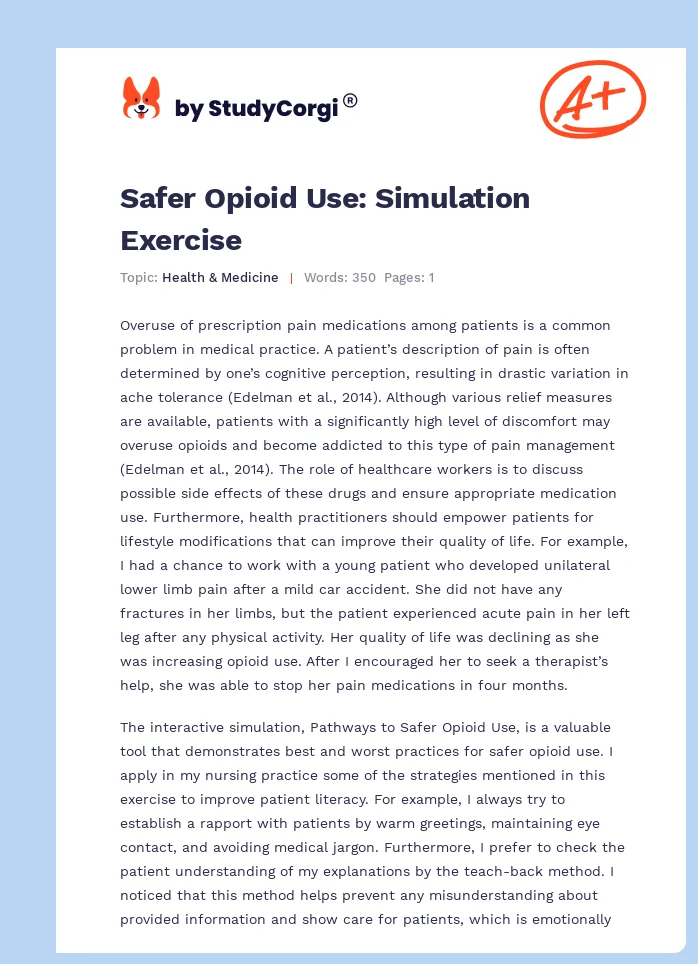 Safer Opioid Use: Simulation Exercise. Page 1