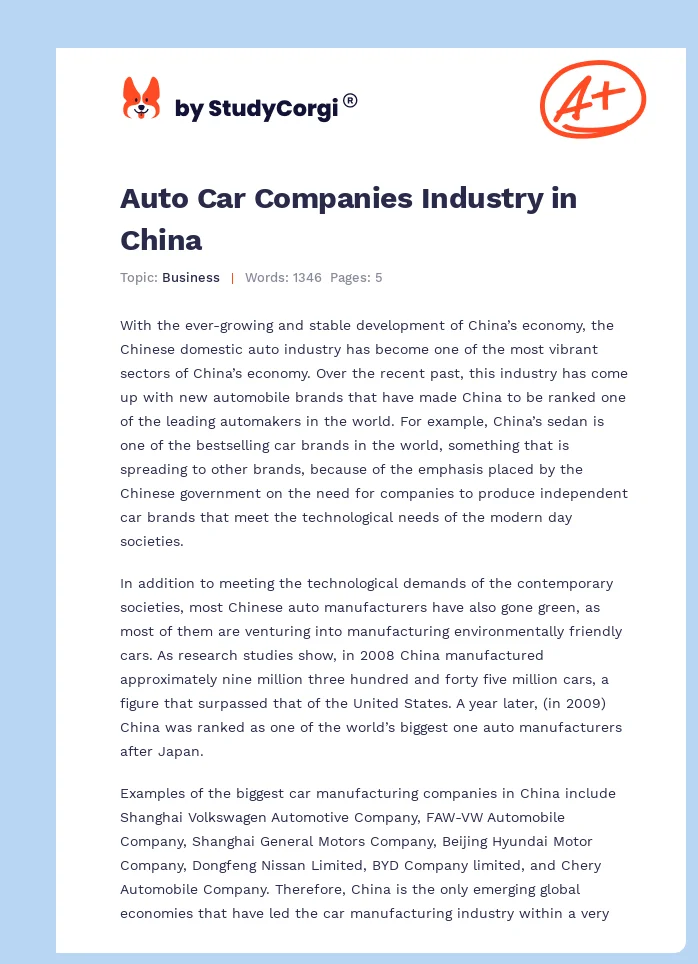 Auto Car Companies Industry in China. Page 1