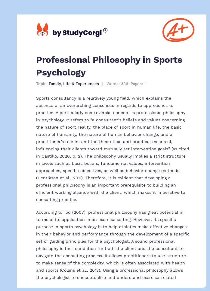 Professional Philosophy in Sports Psychology. Page 1