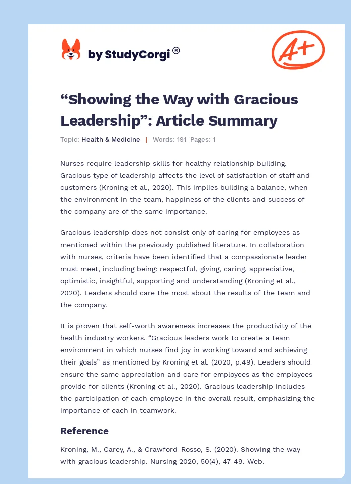 “Showing the Way with Gracious Leadership”: Article Summary. Page 1
