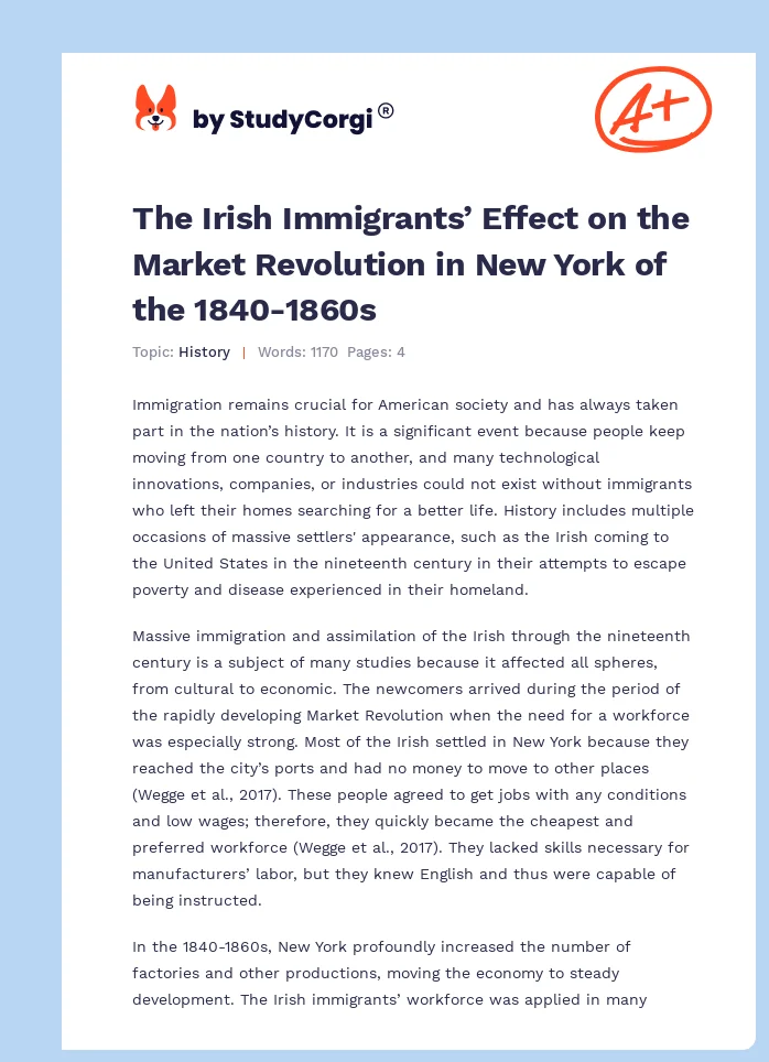 The Irish Immigrants’ Effect on the Market Revolution in New York of the 1840-1860s. Page 1