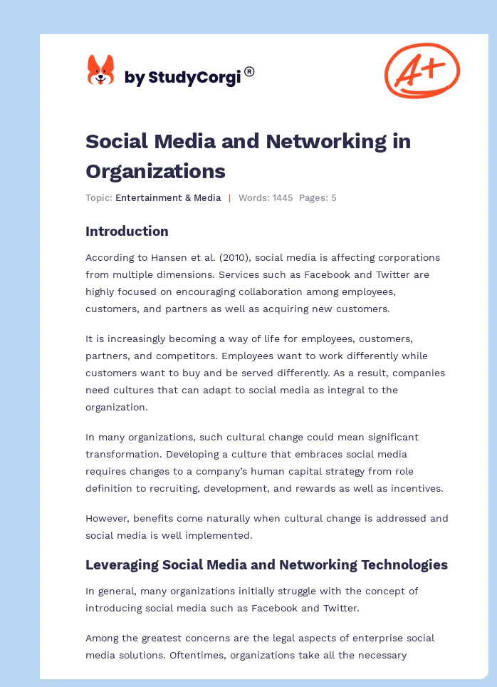 Social Media and Networking in Organizations. Page 1