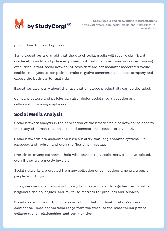 Social Media and Networking in Organizations. Page 2