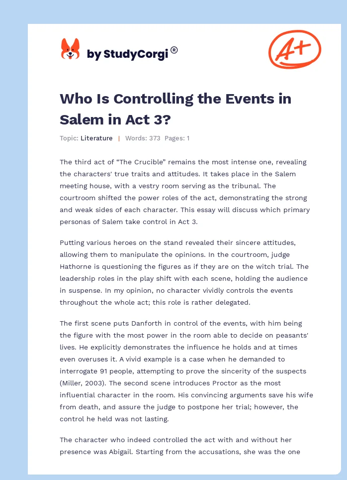 Who Is Controlling the Events in Salem in Act 3?. Page 1