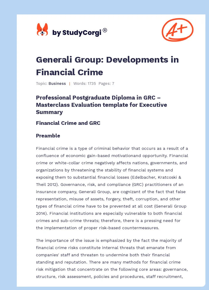 Generali Group: Developments in Financial Crime. Page 1