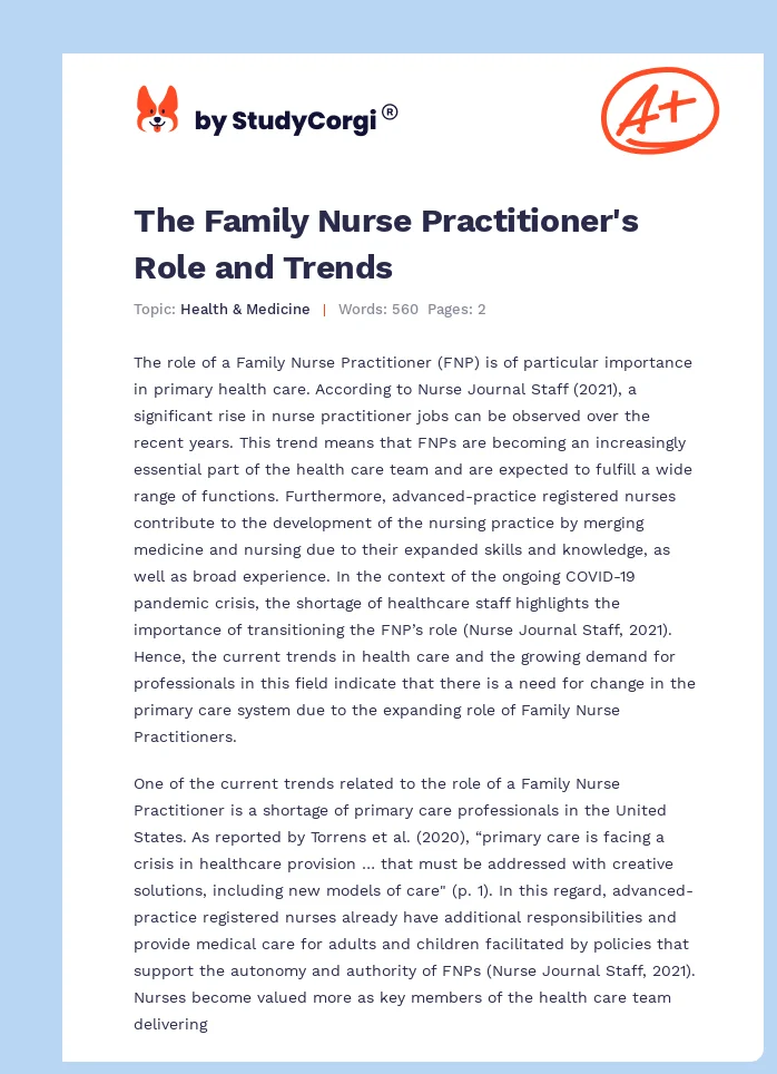 The Family Nurse Practitioner's Role and Trends. Page 1