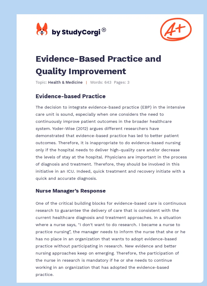 Evidence-Based Practice and Quality Improvement. Page 1