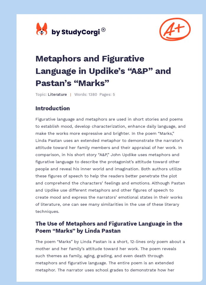 Metaphors and Figurative Language in Updike’s “A&P” and Pastan’s “Marks”. Page 1