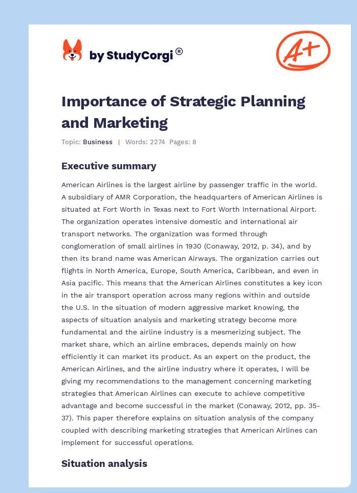 Importance of Strategic Planning and Marketing. Page 1