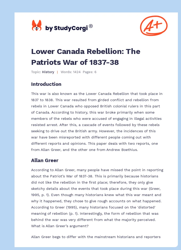 Lower Canada Rebellion: The Patriots War of 1837-38. Page 1