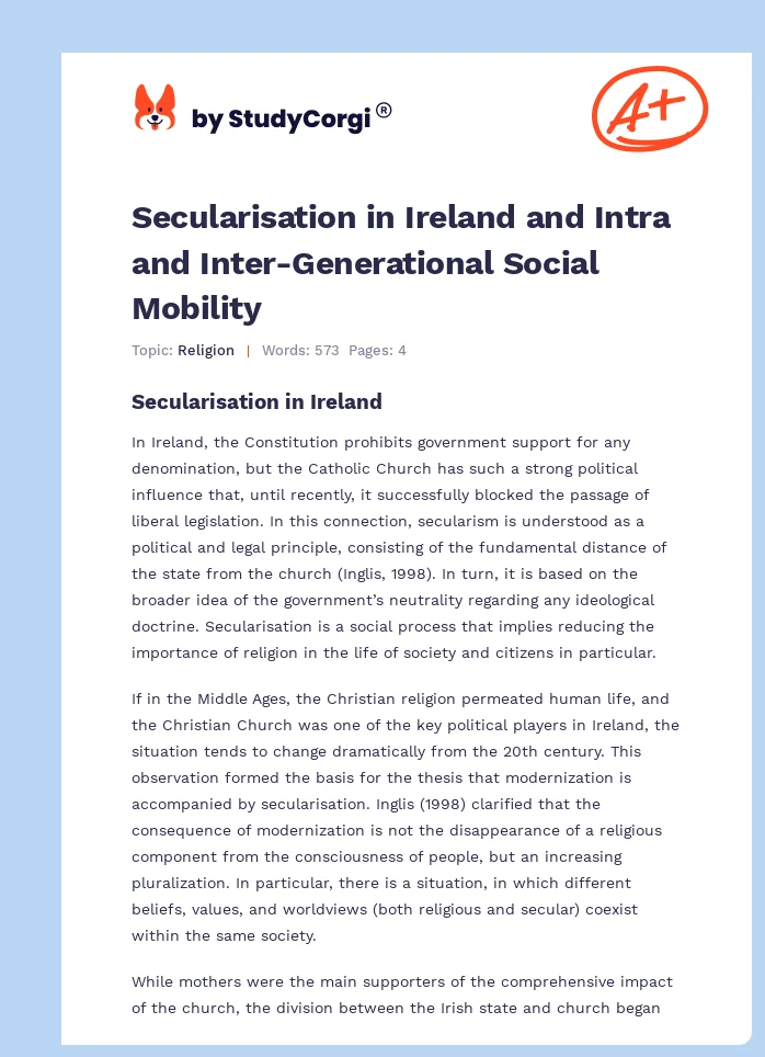 Secularisation in Ireland and Intra and Inter-Generational Social Mobility. Page 1