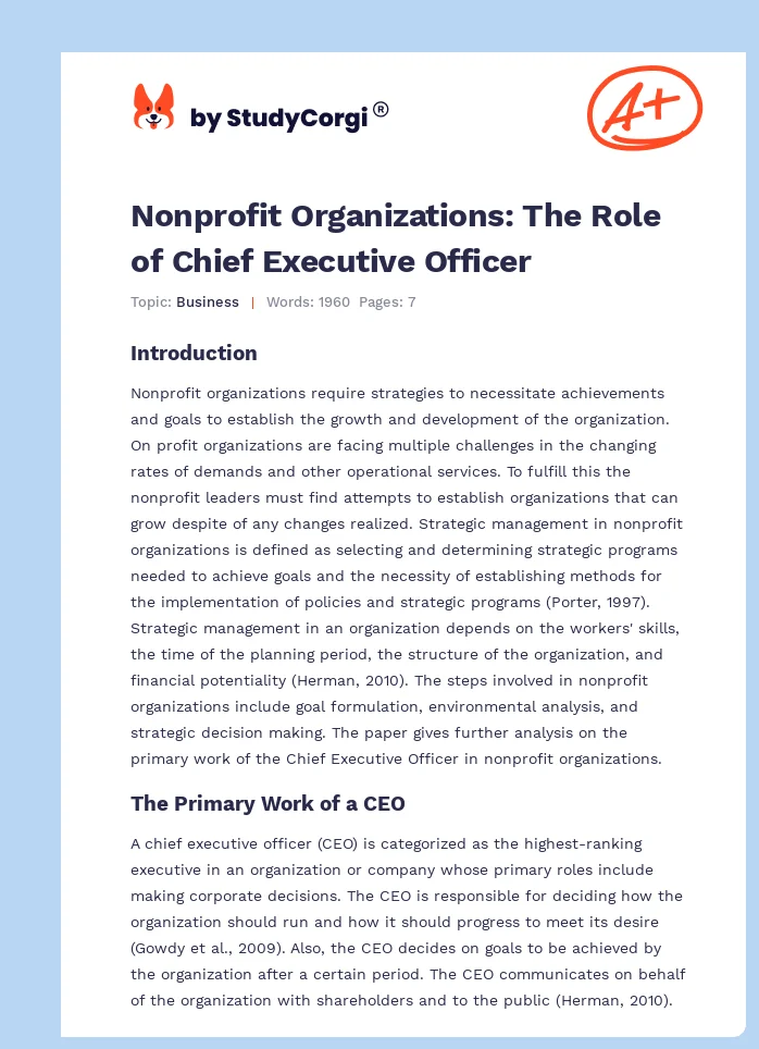 Nonprofit Organizations: The Role of Chief Executive Officer. Page 1
