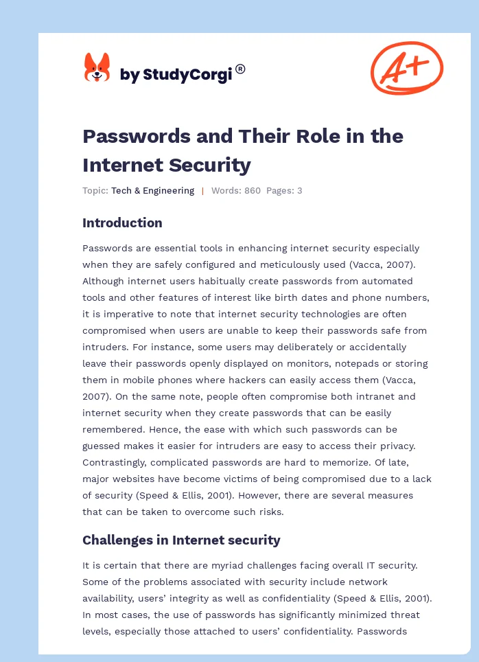 Passwords and Their Role in the Internet Security. Page 1