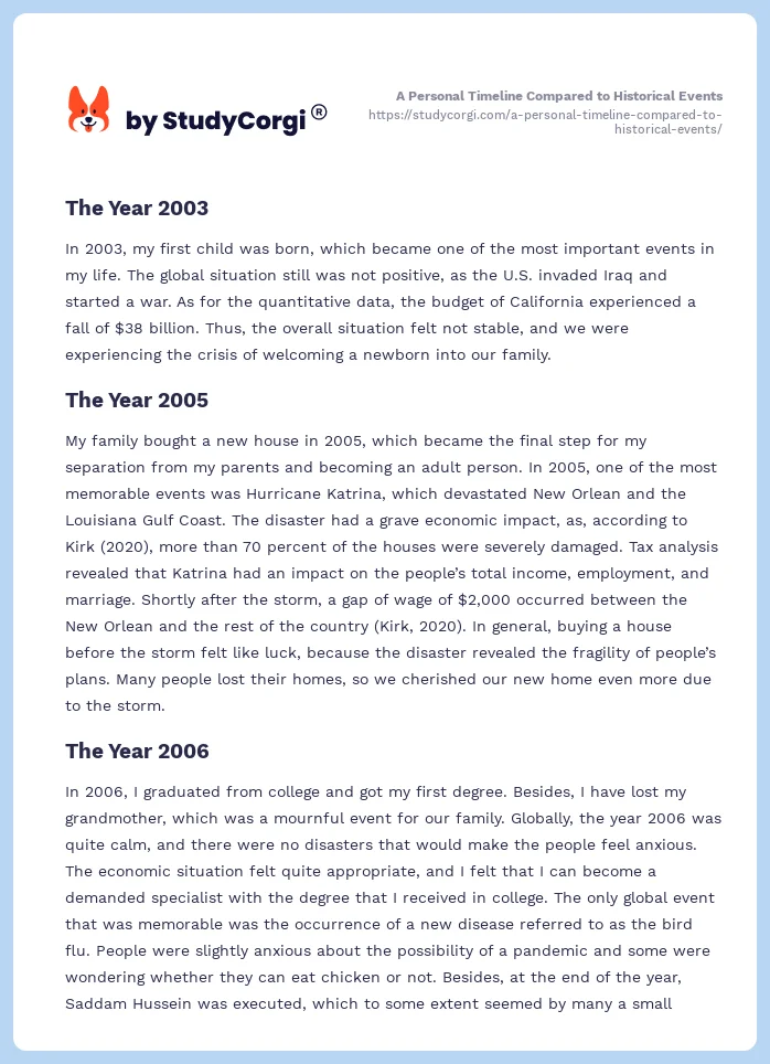 A Personal Timeline Compared to Historical Events. Page 2