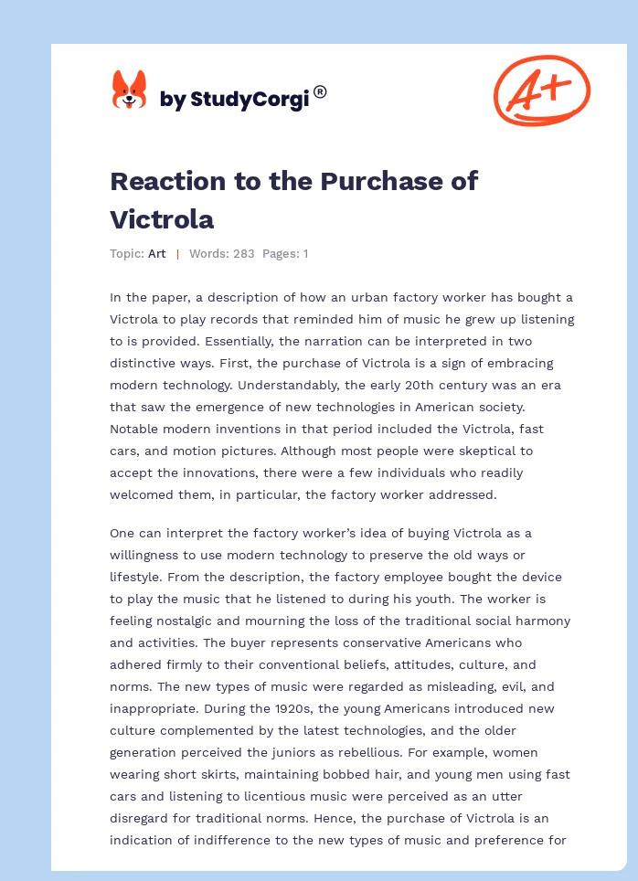 Reaction to the Purchase of Victrola. Page 1