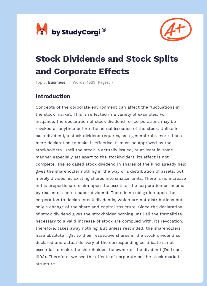Stock Dividends and Stock Splits and Corporate Effects. Page 1