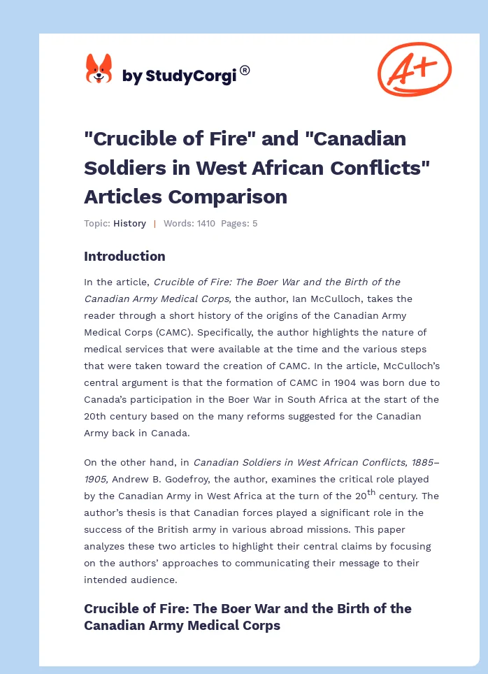 "Crucible of Fire" and "Canadian Soldiers in West African Conflicts" Articles Comparison. Page 1
