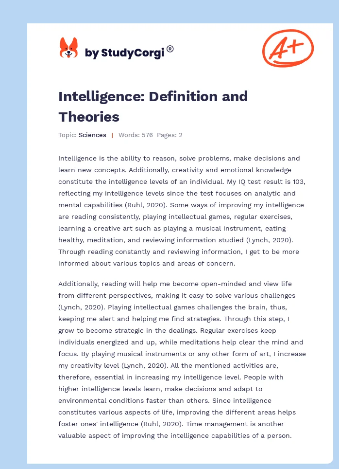 Intelligence: Definition and Theories. Page 1