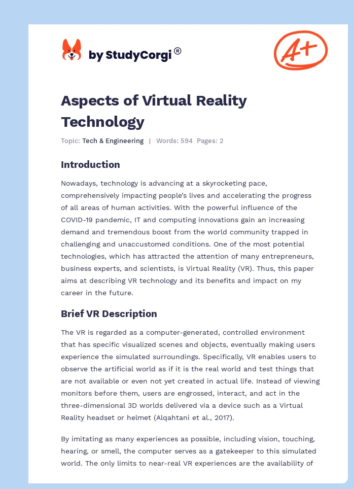 Aspects of Virtual Reality Technology. Page 1
