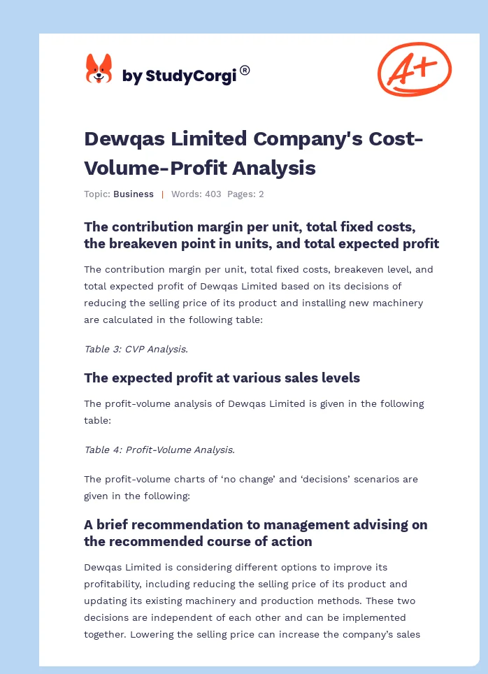 Dewqas Limited Company's Cost-Volume-Profit Analysis. Page 1