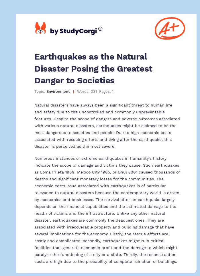 Earthquakes as the Natural Disaster Posing the Greatest Danger to Societies. Page 1