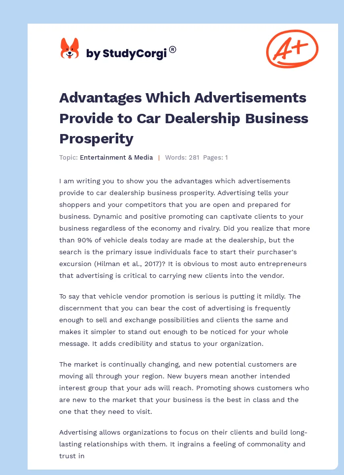 Advantages Which Advertisements Provide to Car Dealership Business Prosperity. Page 1
