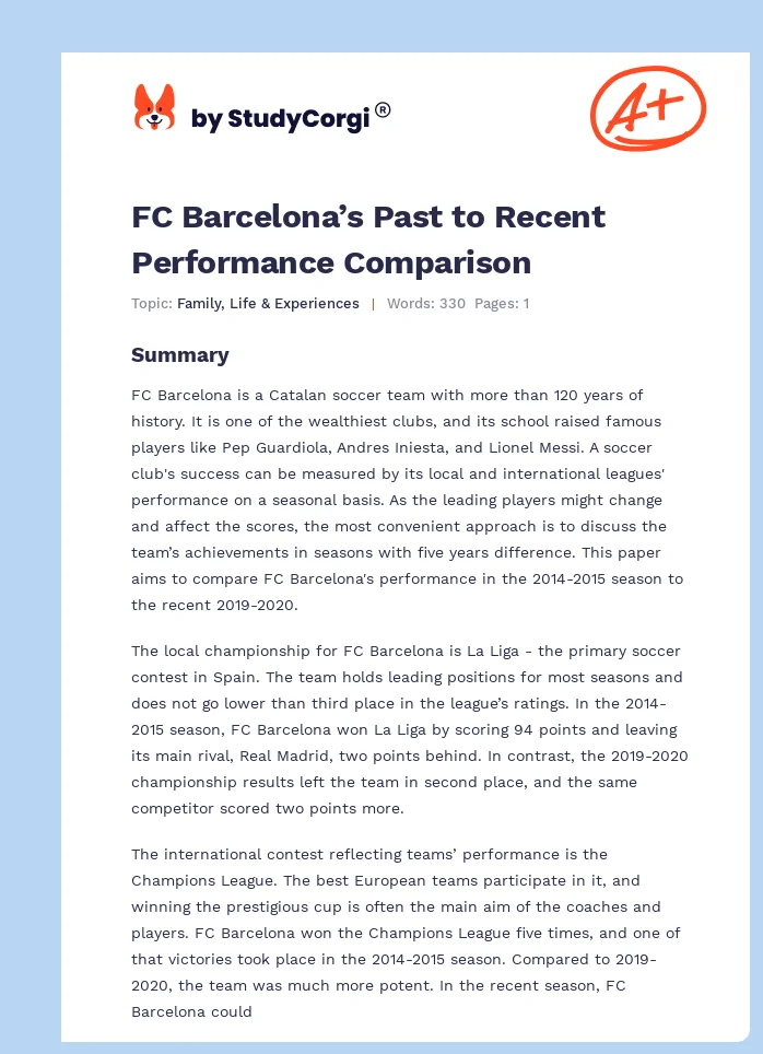 FC Barcelona’s Past to Recent Performance Comparison. Page 1