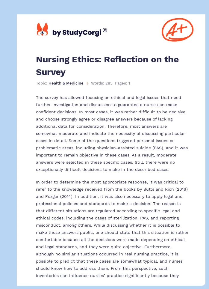 Nursing Ethics: Reflection on the Survey. Page 1