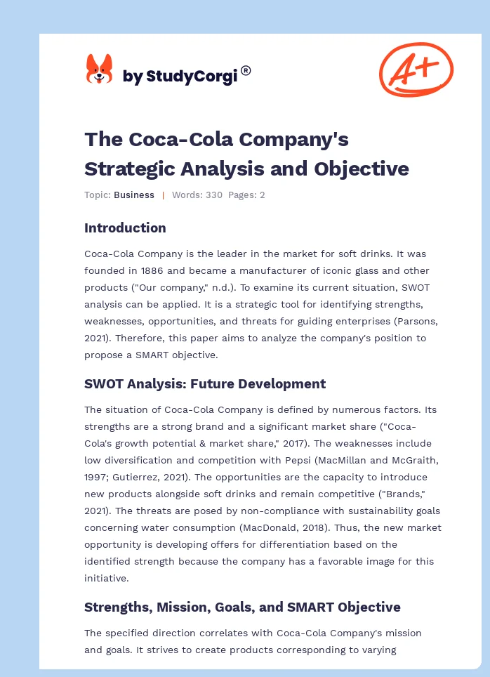 The Coca-Cola Company's Strategic Analysis and Objective. Page 1