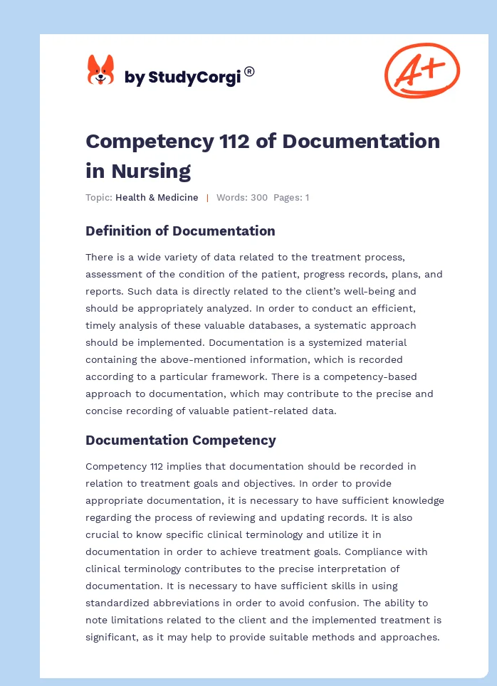 Competency 112 of Documentation in Nursing. Page 1