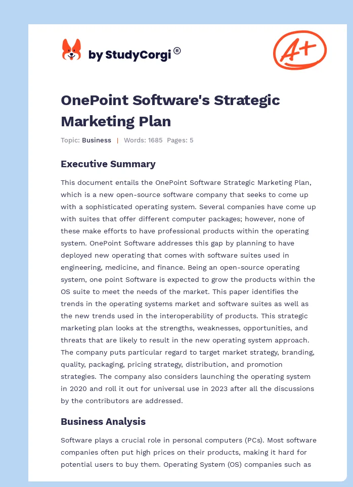 OnePoint Software's Strategic Marketing Plan. Page 1