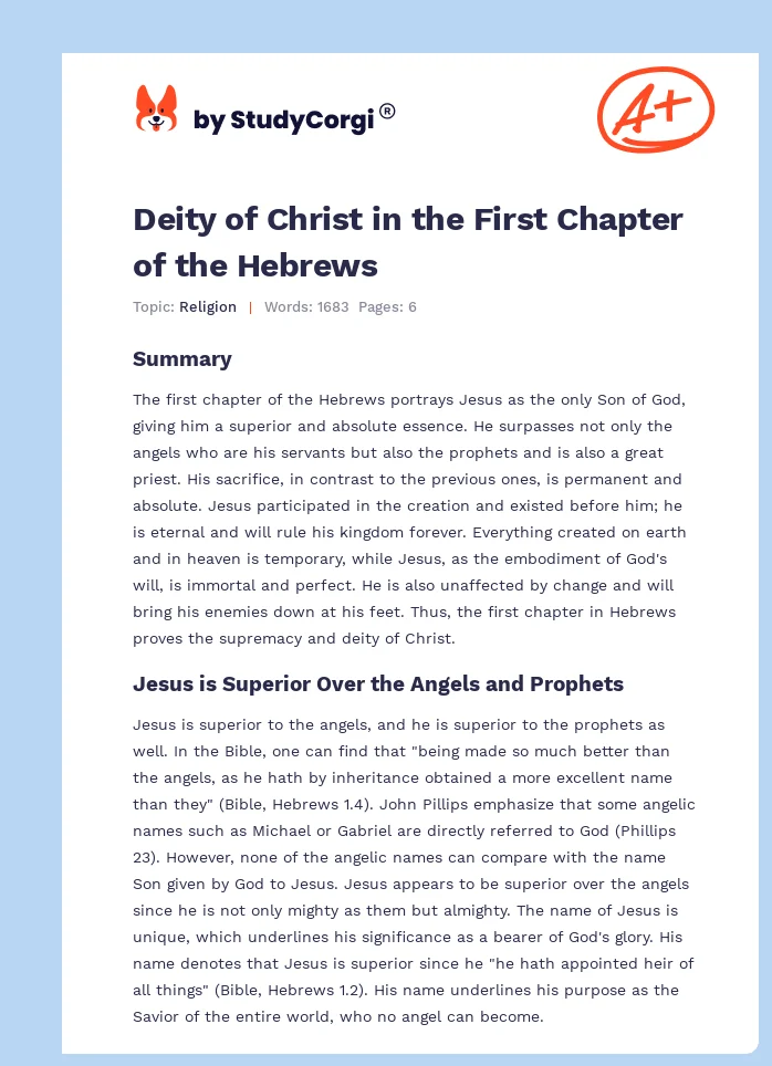 Deity of Christ in the First Chapter of the Hebrews. Page 1