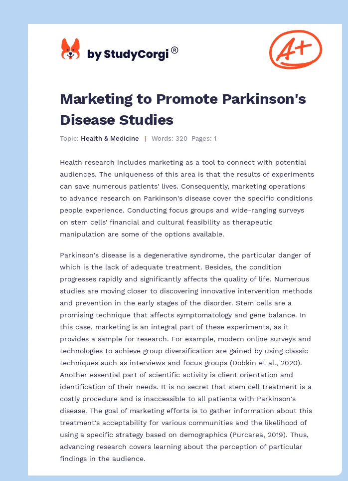 Marketing to Promote Parkinson's Disease Studies. Page 1