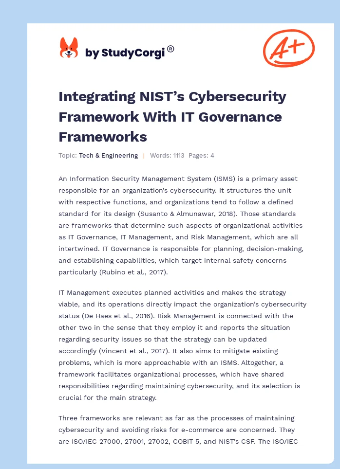 Integrating NIST’s Cybersecurity Framework With IT Governance Frameworks. Page 1