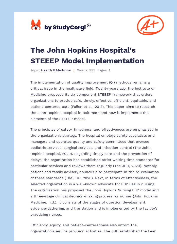 The John Hopkins Hospital's STEEEP Model Implementation. Page 1