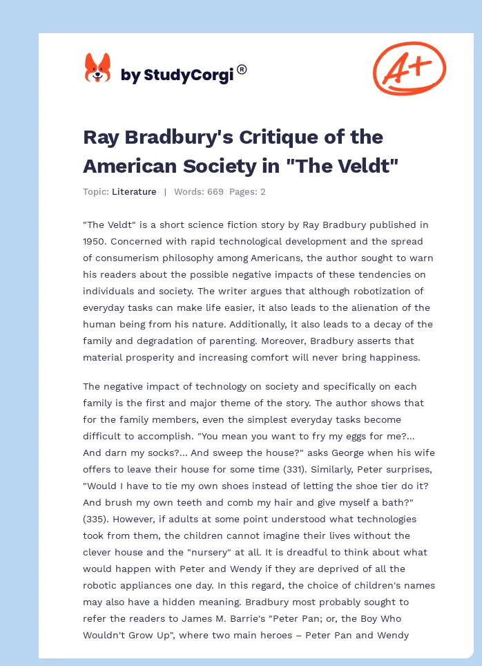 Ray Bradbury's Critique of the American Society in "The Veldt". Page 1
