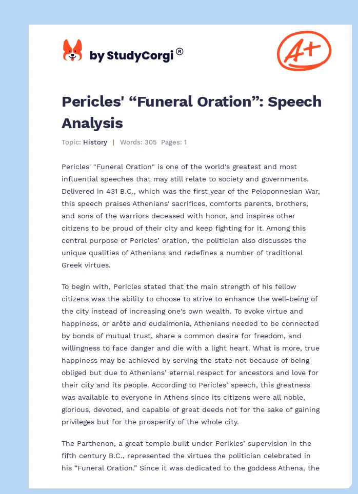 Pericles' “Funeral Oration”: Speech Analysis. Page 1