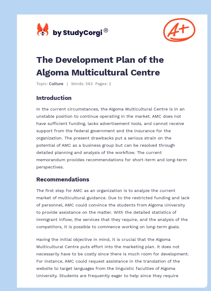 The Development Plan of the Algoma Multicultural Centre. Page 1