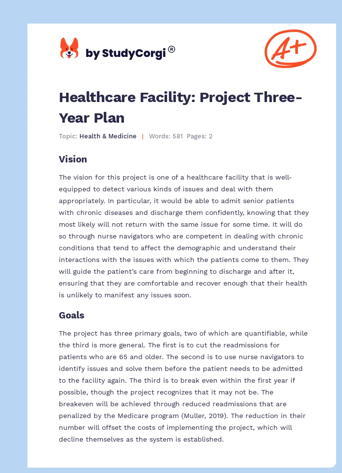 Healthcare Facility: Project Three-Year Plan. Page 1