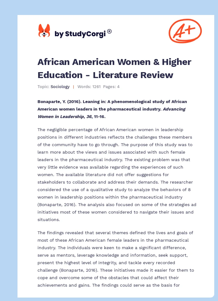 African American Women & Higher Education - Literature Review. Page 1