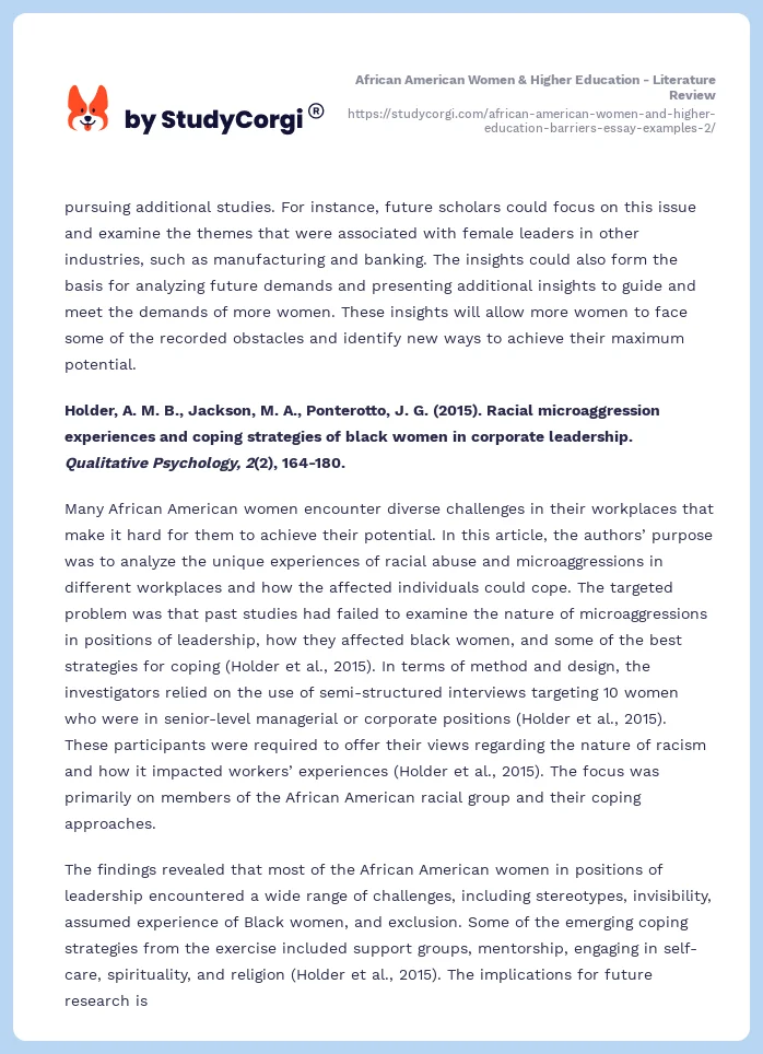 African American Women & Higher Education - Literature Review. Page 2
