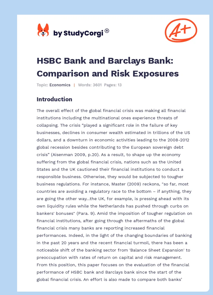 HSBC Bank and Barclays Bank: Comparison and Risk Exposures. Page 1