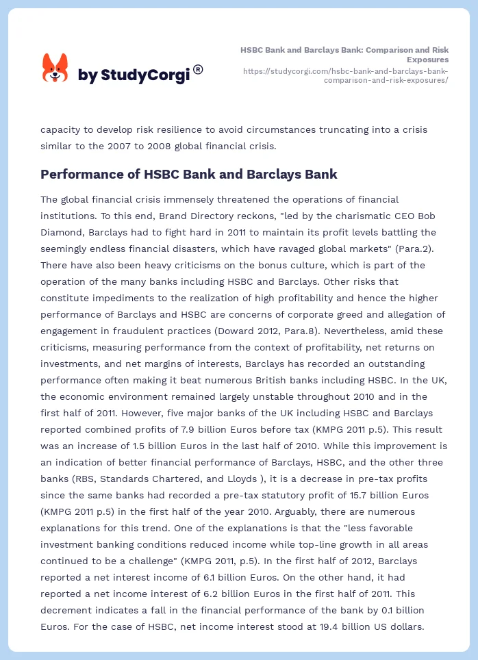 HSBC Bank and Barclays Bank: Comparison and Risk Exposures. Page 2